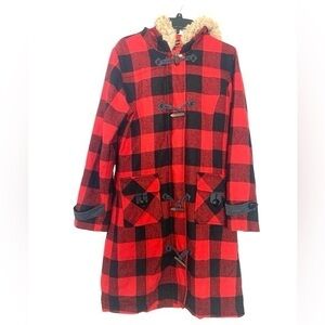 Vintage Rocawear Christmas Wool Buffalo Plaid Trench Coat Fur Red Black Large